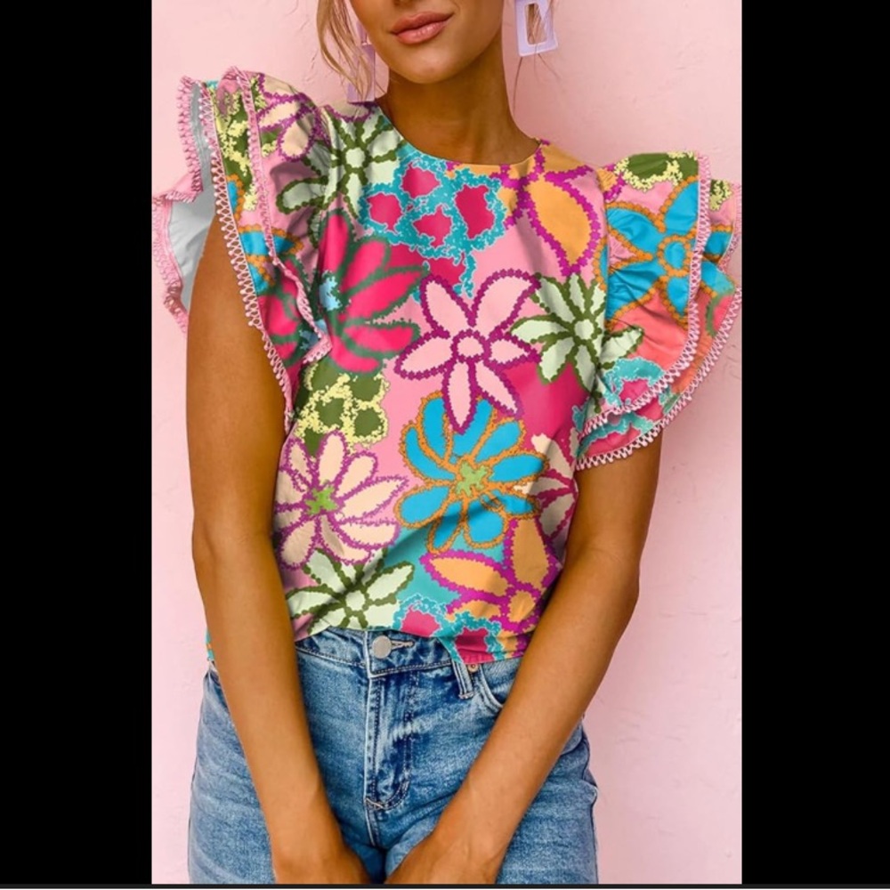 Women’s-casual floral printed top, ruffle sleeves